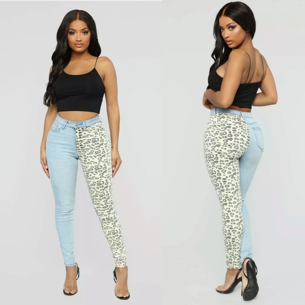 Fashion Nova Denim and Leopard High Waist Jeans